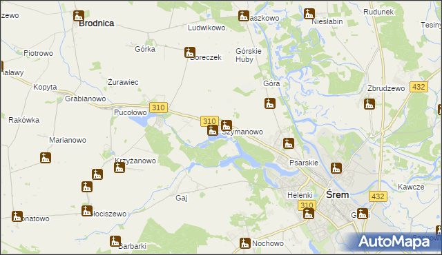 mapa Szymanowo gmina Śrem, Szymanowo gmina Śrem na mapie Targeo