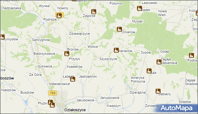 mapa Szyszczyce gmina Działoszyce, Szyszczyce gmina Działoszyce na mapie Targeo