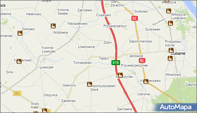 mapa Tadzin gmina Lubanie, Tadzin gmina Lubanie na mapie Targeo
