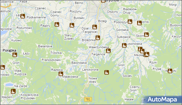 mapa Targanice, Targanice na mapie Targeo