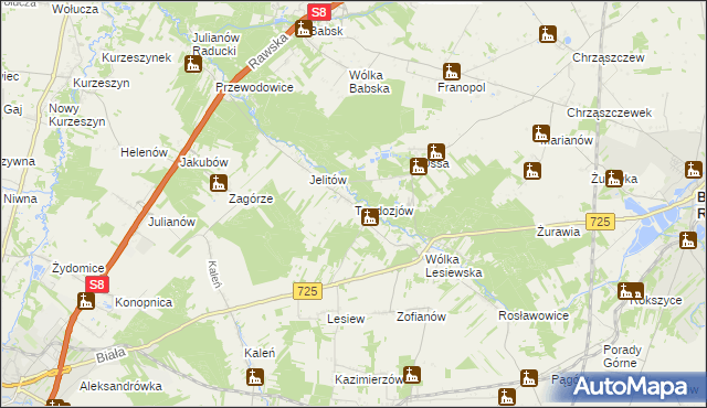 mapa Teodozjów gmina Biała Rawska, Teodozjów gmina Biała Rawska na mapie Targeo