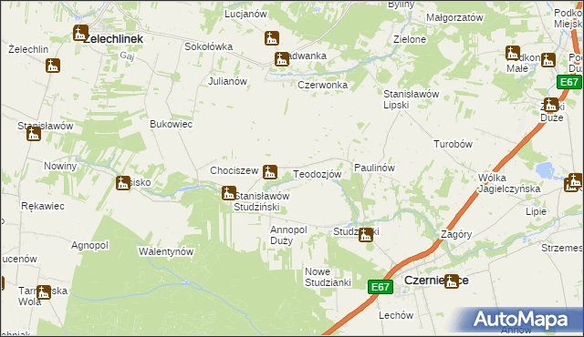 mapa Teodozjów gmina Czerniewice, Teodozjów gmina Czerniewice na mapie Targeo