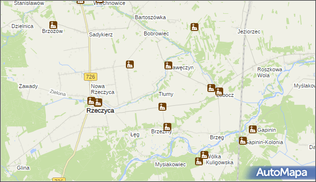 mapa Tłumy gmina Rzeczyca, Tłumy gmina Rzeczyca na mapie Targeo