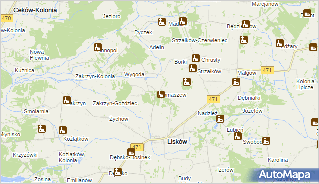 mapa Tomaszew gmina Lisków, Tomaszew gmina Lisków na mapie Targeo