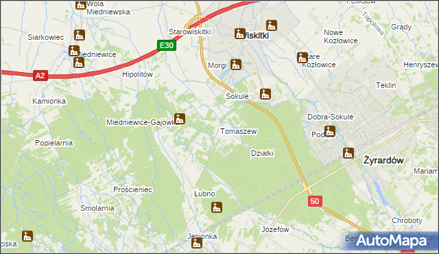 mapa Tomaszew gmina Wiskitki, Tomaszew gmina Wiskitki na mapie Targeo