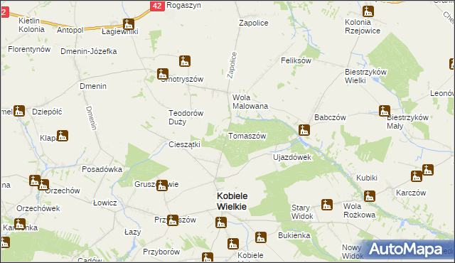mapa Tomaszów gmina Kobiele Wielkie, Tomaszów gmina Kobiele Wielkie na mapie Targeo