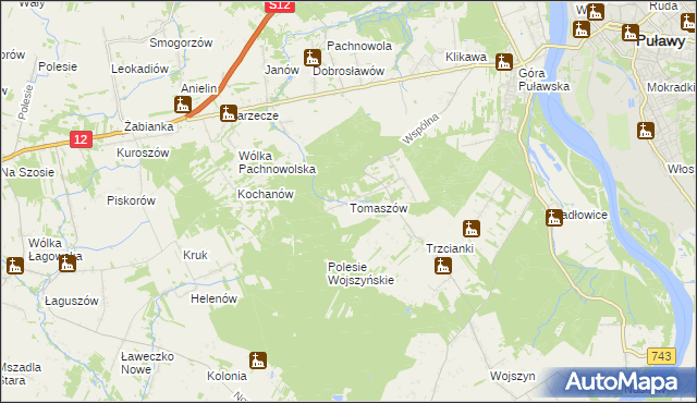 mapa Tomaszów gmina Puławy, Tomaszów gmina Puławy na mapie Targeo