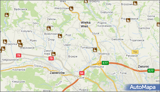 mapa Tomaszowice gmina Wielka Wieś, Tomaszowice gmina Wielka Wieś na mapie Targeo