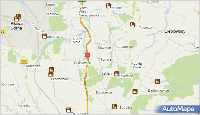 mapa Tomice gmina Ciepłowody, Tomice gmina Ciepłowody na mapie Targeo