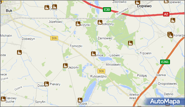 mapa Tomice gmina Stęszew, Tomice gmina Stęszew na mapie Targeo