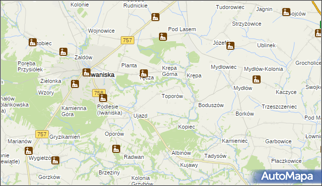 mapa Toporów gmina Iwaniska, Toporów gmina Iwaniska na mapie Targeo