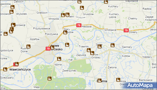 mapa Trawniki gmina Drwinia, Trawniki gmina Drwinia na mapie Targeo