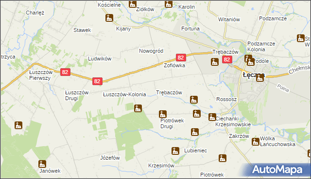 mapa Trębaczów gmina Łęczna, Trębaczów gmina Łęczna na mapie Targeo