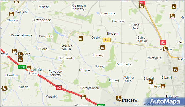 mapa Trojany gmina Parzęczew, Trojany gmina Parzęczew na mapie Targeo