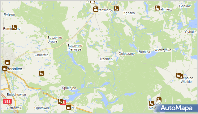 mapa Trzebień gmina Bobolice, Trzebień gmina Bobolice na mapie Targeo