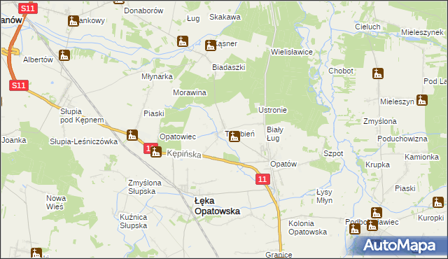 mapa Trzebień gmina Łęka Opatowska, Trzebień gmina Łęka Opatowska na mapie Targeo