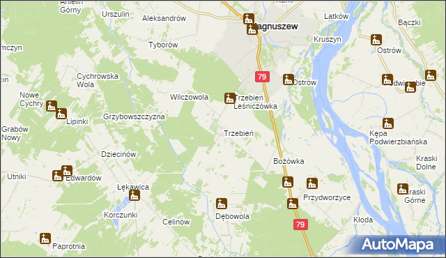 mapa Trzebień gmina Magnuszew, Trzebień gmina Magnuszew na mapie Targeo