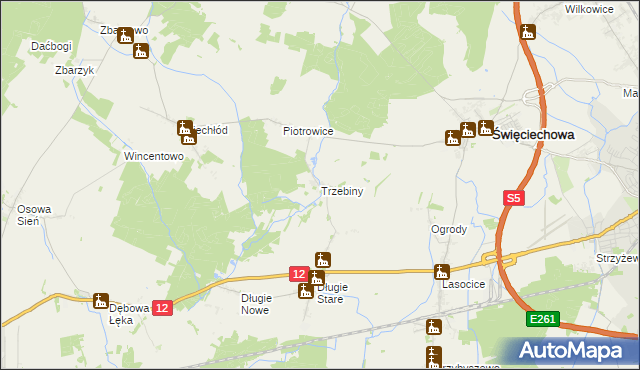 mapa Trzebiny gmina Święciechowa, Trzebiny gmina Święciechowa na mapie Targeo