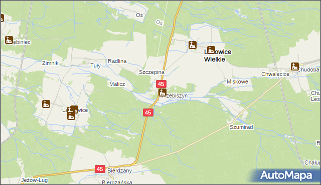 mapa Trzebiszyn gmina Lasowice Wielkie, Trzebiszyn gmina Lasowice Wielkie na mapie Targeo