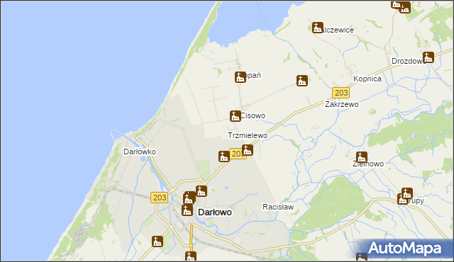 mapa Trzmielewo gmina Darłowo, Trzmielewo gmina Darłowo na mapie Targeo