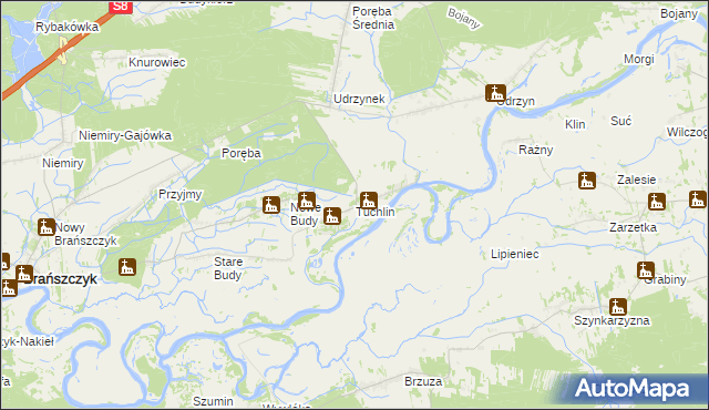 mapa Tuchlin gmina Brańszczyk, Tuchlin gmina Brańszczyk na mapie Targeo