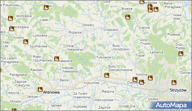 mapa Tułkowice gmina Wiśniowa, Tułkowice gmina Wiśniowa na mapie Targeo