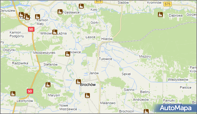 mapa Tułowice gmina Brochów, Tułowice gmina Brochów na mapie Targeo