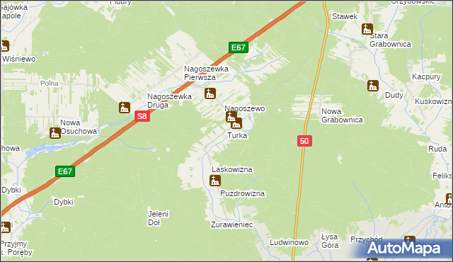 mapa Turka gmina Ostrów Mazowiecka, Turka gmina Ostrów Mazowiecka na mapie Targeo