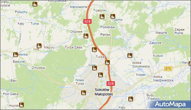 mapa Turza gmina Sokołów Małopolski, Turza gmina Sokołów Małopolski na mapie Targeo