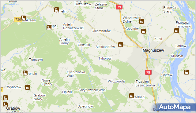 mapa Tyborów gmina Magnuszew, Tyborów gmina Magnuszew na mapie Targeo