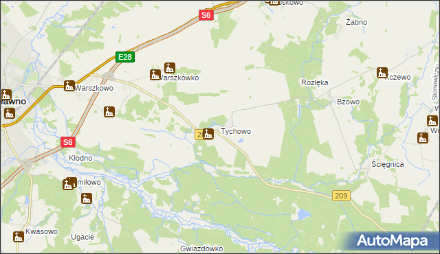 mapa Tychowo gmina Sławno, Tychowo gmina Sławno na mapie Targeo