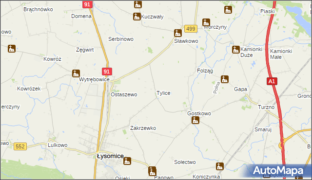 mapa Tylice gmina Łysomice, Tylice gmina Łysomice na mapie Targeo