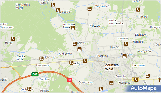 mapa Tymienice gmina Zduńska Wola, Tymienice gmina Zduńska Wola na mapie Targeo