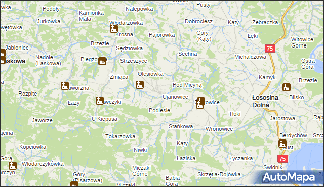 mapa Ujanowice, Ujanowice na mapie Targeo