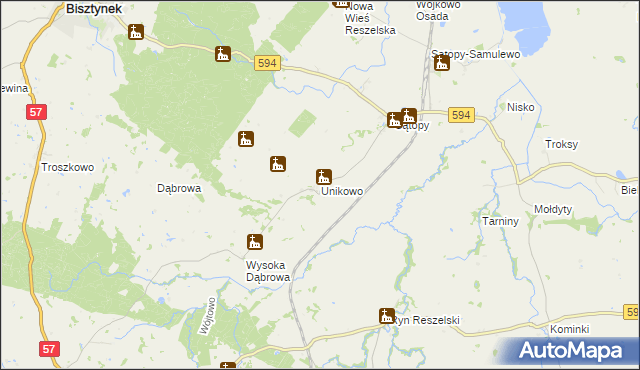 mapa Unikowo gmina Bisztynek, Unikowo gmina Bisztynek na mapie Targeo