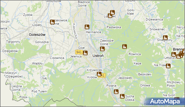 mapa Ustroń powiat cieszyński, Ustroń powiat cieszyński na mapie Targeo