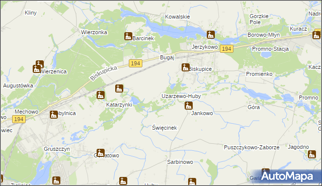mapa Uzarzewo-Huby, Uzarzewo-Huby na mapie Targeo