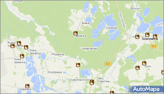 mapa Walerianów gmina Sosnowica, Walerianów gmina Sosnowica na mapie Targeo