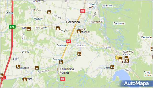 mapa Wanaty gmina Kamienica Polska, Wanaty gmina Kamienica Polska na mapie Targeo