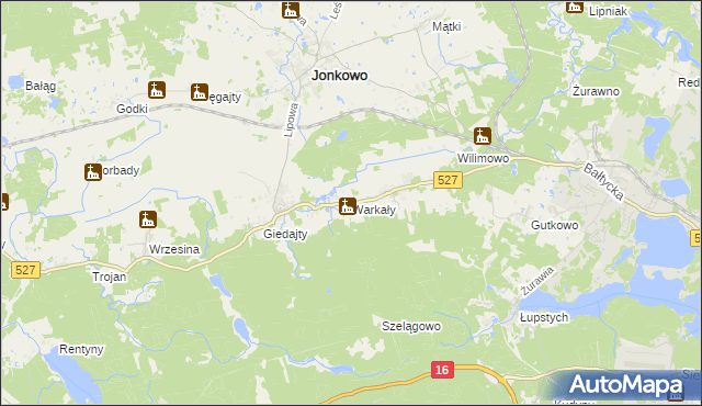 mapa Warkały gmina Jonkowo, Warkały gmina Jonkowo na mapie Targeo