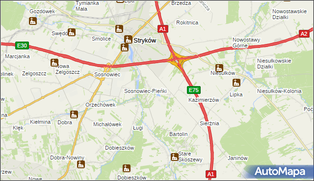 mapa Warszewice gmina Stryków, Warszewice gmina Stryków na mapie Targeo