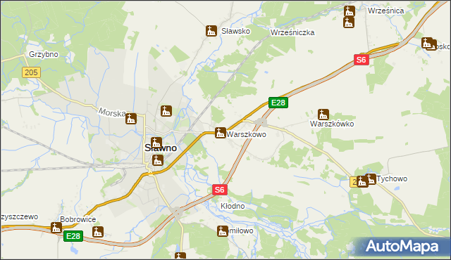 mapa Warszkowo gmina Sławno, Warszkowo gmina Sławno na mapie Targeo