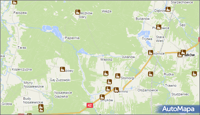 mapa Wąsosz gmina Fałków, Wąsosz gmina Fałków na mapie Targeo