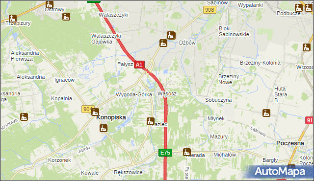 mapa Wąsosz gmina Konopiska, Wąsosz gmina Konopiska na mapie Targeo