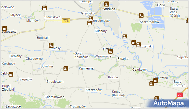 mapa Wawrowice gmina Wiślica, Wawrowice gmina Wiślica na mapie Targeo
