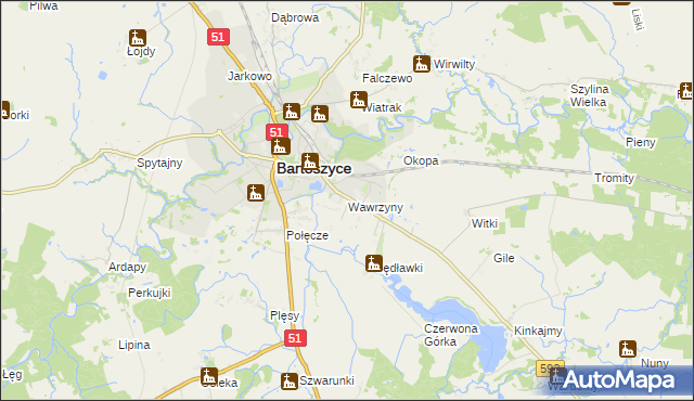 mapa Wawrzyny gmina Bartoszyce, Wawrzyny gmina Bartoszyce na mapie Targeo