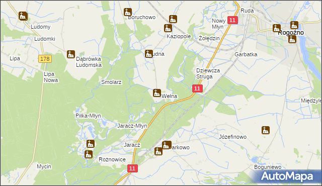 mapa Wełna gmina Rogoźno, Wełna gmina Rogoźno na mapie Targeo