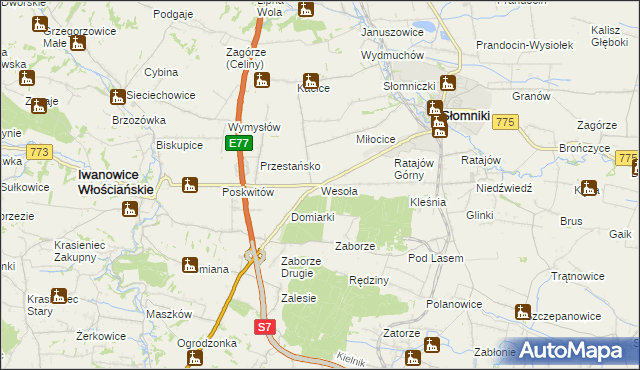 mapa Wesoła gmina Słomniki, Wesoła gmina Słomniki na mapie Targeo