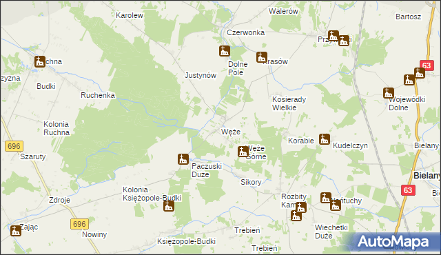 mapa Węże gmina Sokołów Podlaski, Węże gmina Sokołów Podlaski na mapie Targeo