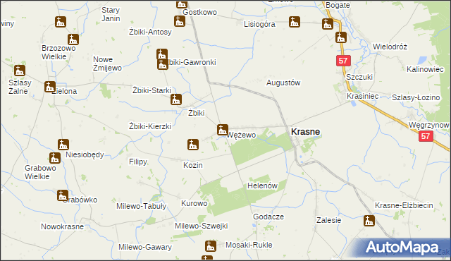 mapa Wężewo gmina Krasne, Wężewo gmina Krasne na mapie Targeo